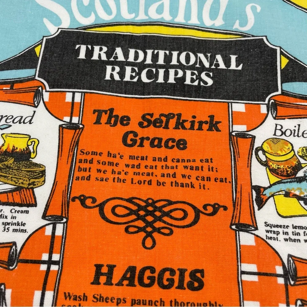 Vintage Scotland Tea Towel Traditional Recipes Haggis Kitsch Retro Kitchen Linen